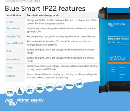 Victron Battery Charger 12/15 - Indoor (IP22) Blue Smart - 1 Output 230V UK