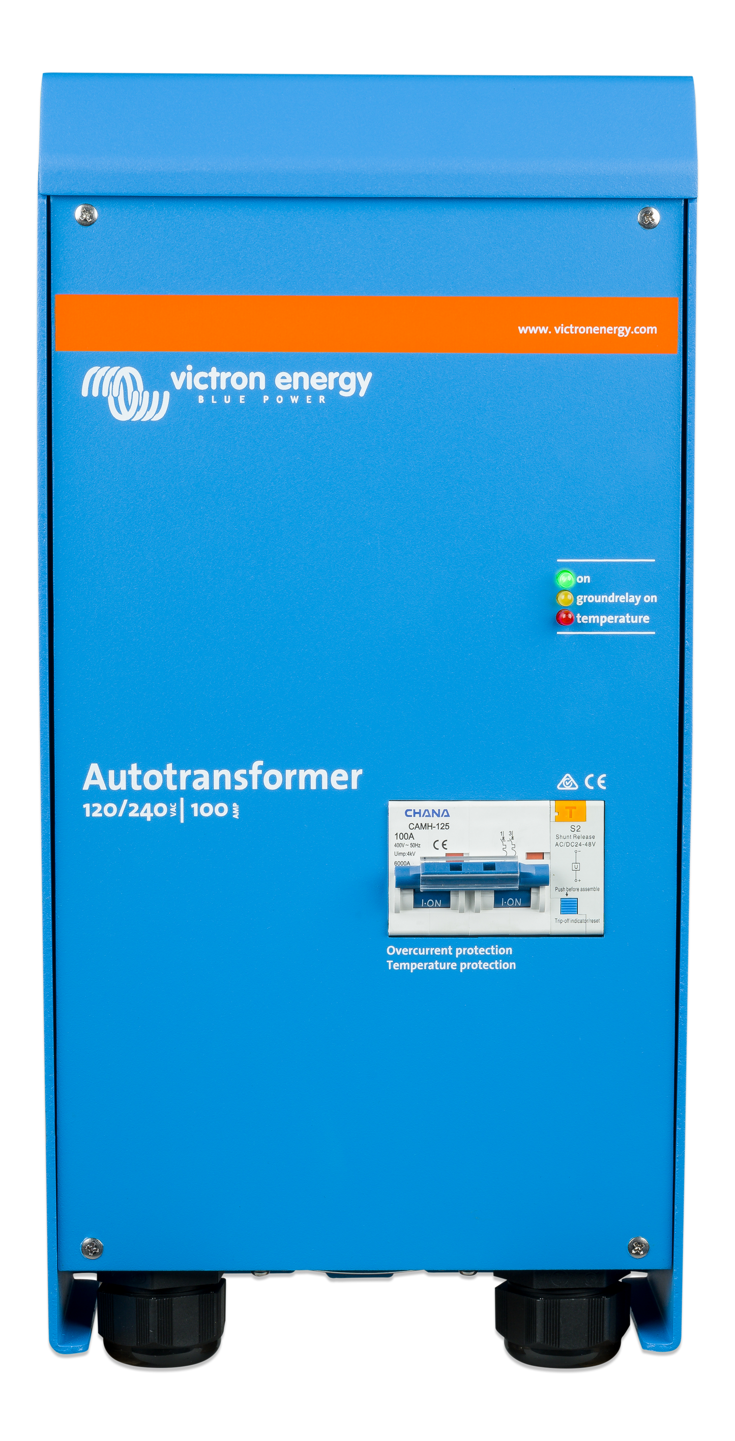 Front view of Victron Autotransformer 120/240V 100A enclosed unit