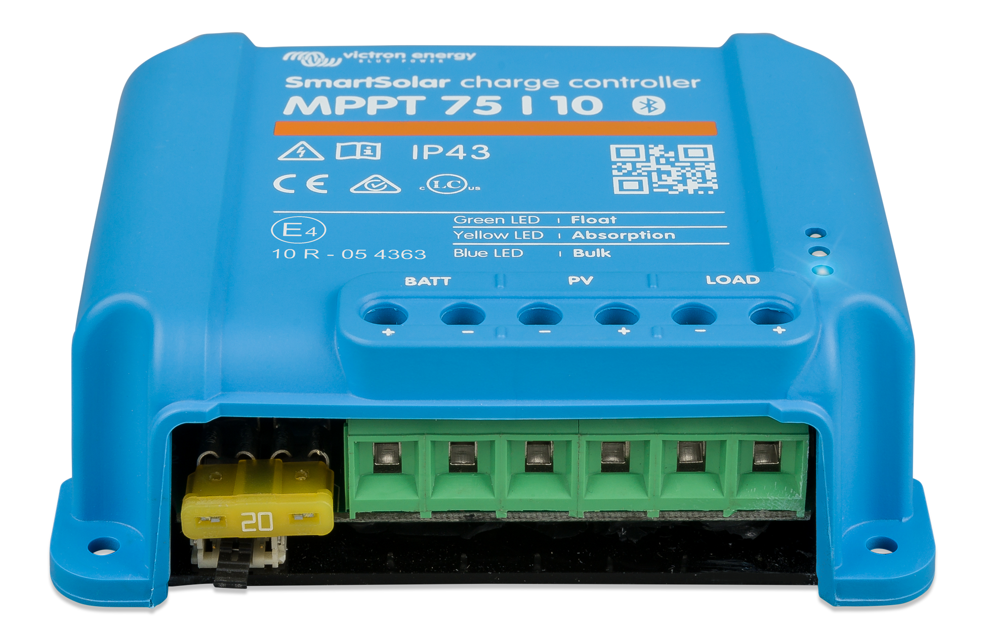 Victron SmartSolar MPPT 75/10 showing VE.Direct communication port for data connection.