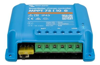 Victron SmartSolar MPPT 75/10 showing VE.Direct communication port for data connection.